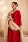 Buy Red Embroidery, Sequins V-neck A-line Kurta Set With Dupatta For ...