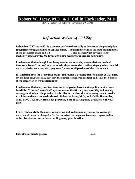 2. Refraction Waiver - Robert. W. Jacey, MD, PC Doc Template | pdfFiller