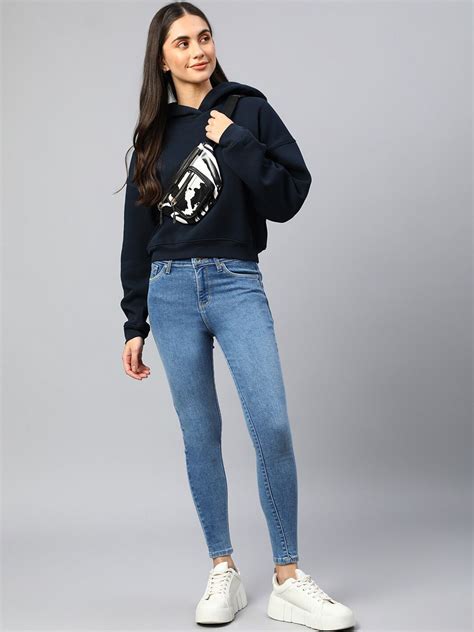 Buy Xpose Women Navy Blue Hooded Wool Sweatshirt - Sweatshirts for ...