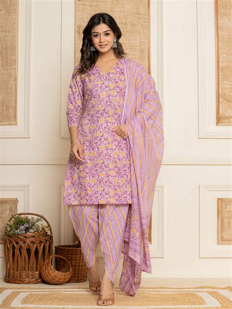 Women's Lavander Floral Print Cotton Straight Style Kurta And Dhoti Pa ...