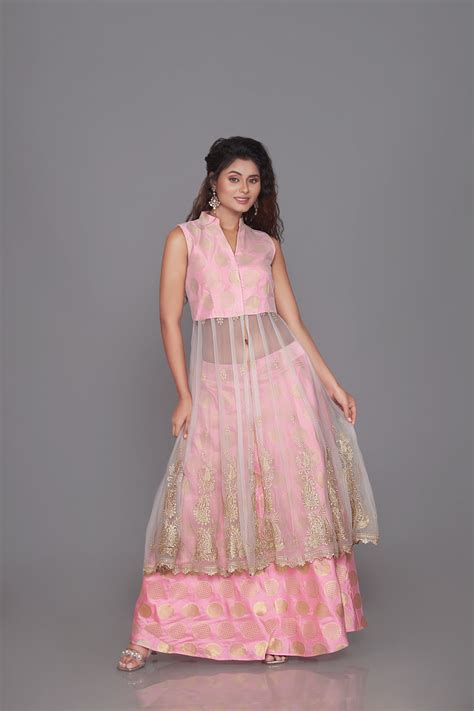 Light Pink Brocade with net skirt and long top – Style Agent