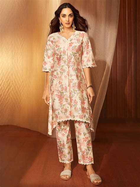 Buy Khwaab Beige Printed Chanderi Silk A-Line Kurta With Trousers ...