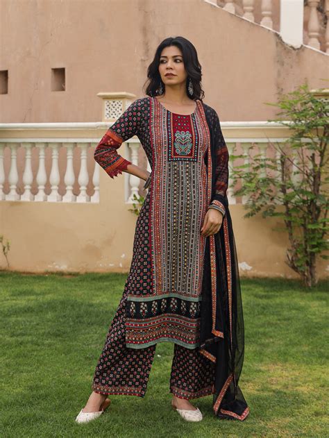 Black Ethnic Motif Printed Rayon Kurta Palazzo And Dupatta With Mirror