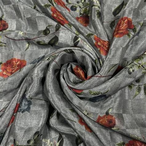 Dark Grey Color Pure Silk Checknet Printed Fabric