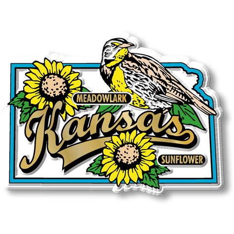 Kansas State Bird & Flower Map Magnet design features a Meadowlark