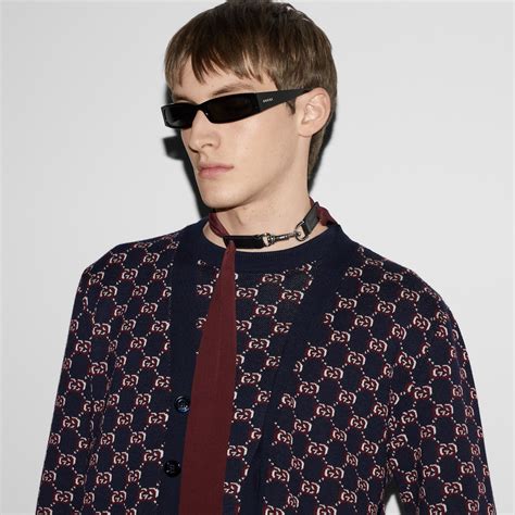 Wool jacquard cardigan with GG Shadow in blue and burgundy | GUCCI® US