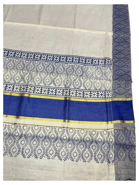 Southloom Tissue Kerala Kasavu Saree with Block Print on Body and Bord ...