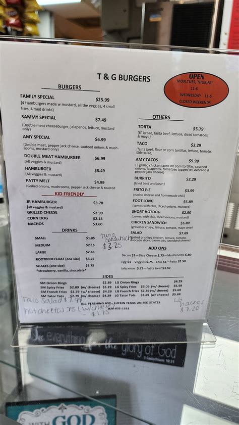 Menu at T & G Burger restaurant, Lufkin