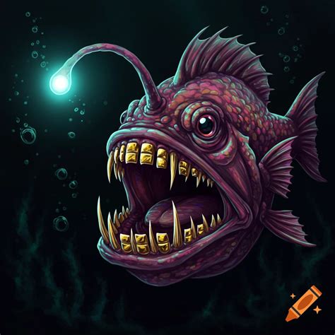 A purple and blue spiked fish with whiskers and sharp teeth swims in a ...