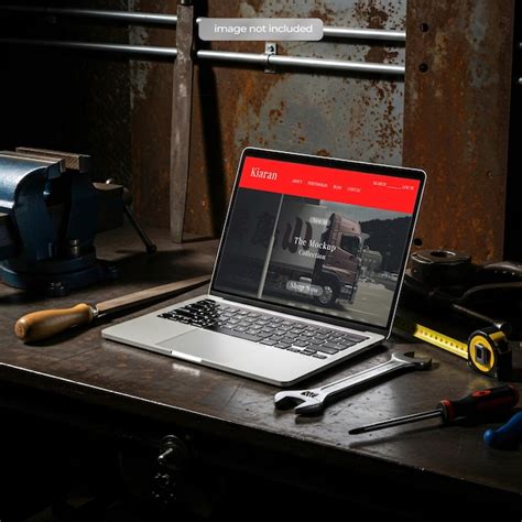 Laptop mockup on a rustic workbench with workshop tools | Premium AI ...