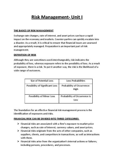 Risk Management- Unit I- Lecture Notes - Risk Management- Unit I THE ...