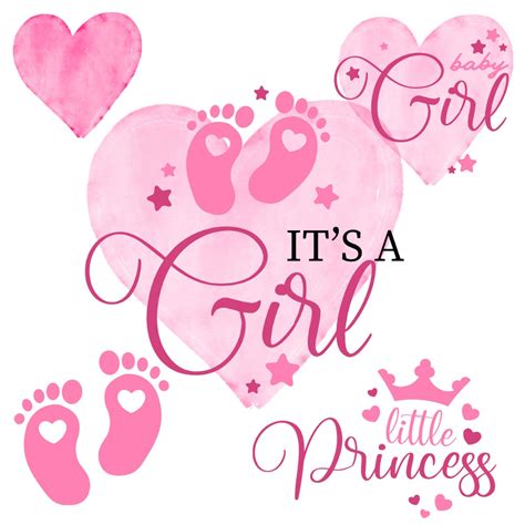 It's a Girl, Digital Files, Set Od 5 Baby Gril Pink Announcement ...