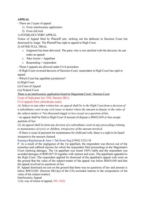 Appeal - CIVIL PROCEDURE II - APPEAL There are 2 types of appeal: From ...