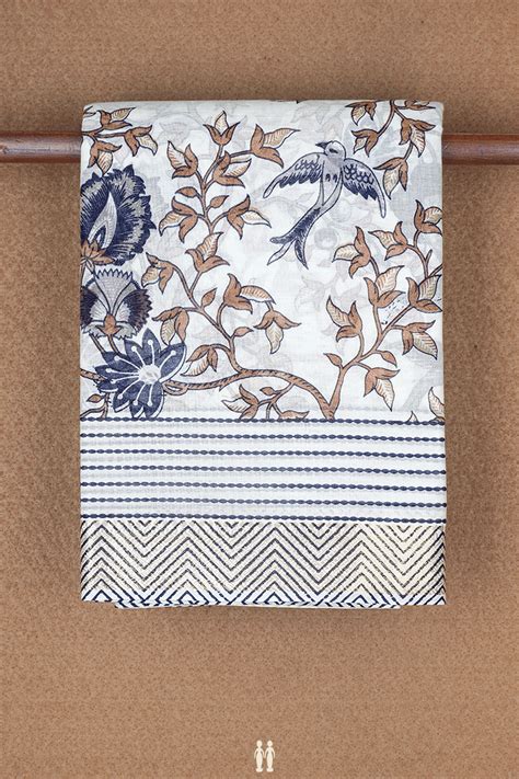 Floral And Birds Design Egg White Printed Cotton Saree – Sundari Silks