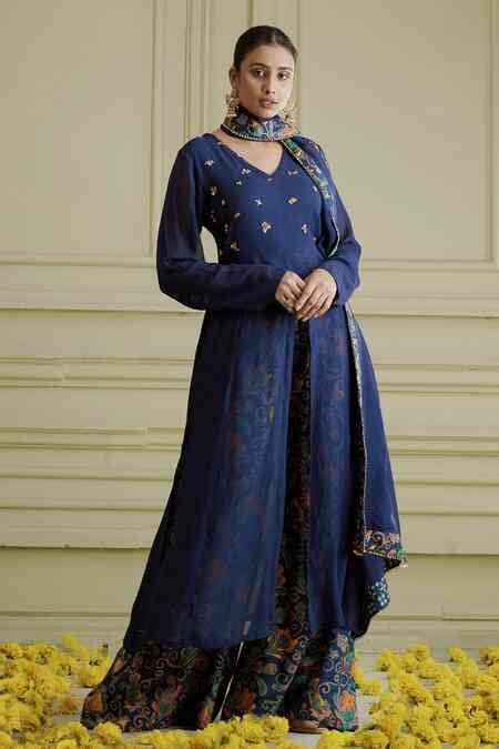 Buy Blue Georgette, Dupatta Organza Glass Beads, Hand Embroidered Kurta ...