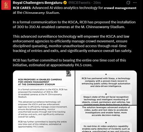 RCB proposes installation of 300 AI-enabled cameras at Chinnaswamy ...