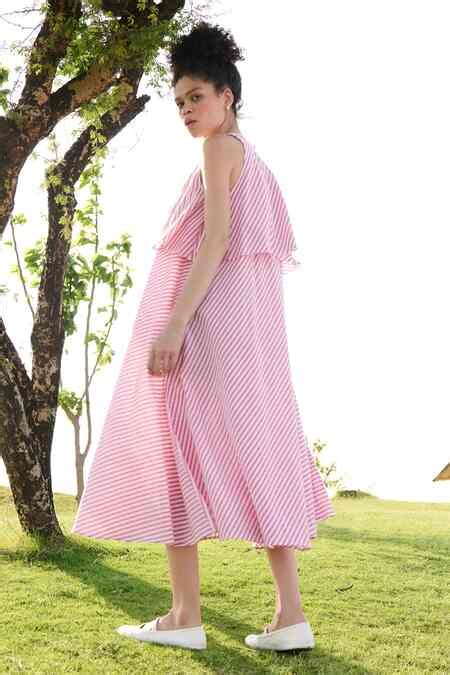Buy Red Cotton Halter Neck Camellia Self Candy Striped Dress For Women ...
