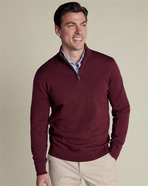 Men's Merino Zip Neck Jumper - Burgundy, XXXL by Charles Tyrwhitt in ...