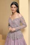 Buy Purple Organza, Net Crystals, Sequins, Floral Embellished Peplum ...