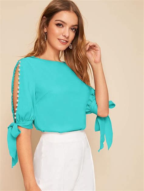 Buy Aahwan Sky Blue Solid Formal/Casual Slit Sleeve Office Wear Tops ...