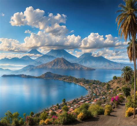AI generated Panoramic view of Lake Atitlan and volcanoes in Guatemala ...
