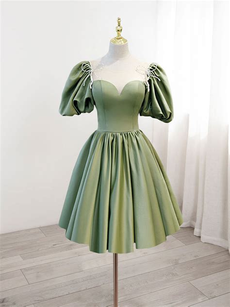 A-Line Green Puffy Sleeve Satin Short Prom Dress, Green Short Formal D ...