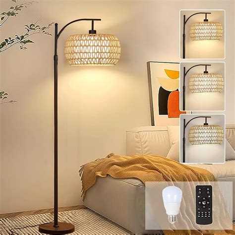 Arc Floor Lamps for Living Room Rattan Boho Floor Lamp with Remote ...