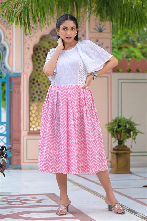 Dress Pleated Women Patch Gulabi