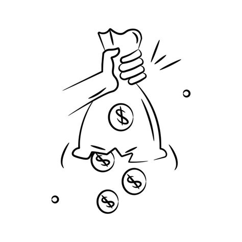 Hand holding torn money bag dollar coins falling out of money bag ...