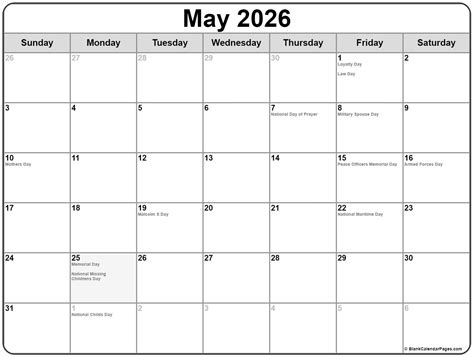 Free Printable May 2026 Calendar With Holidays — Calendars 123