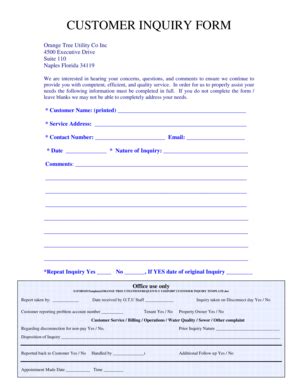 Fillable Online CUSTOMER INQUIRY FORM - Orange Tree Utility Fax Email ...