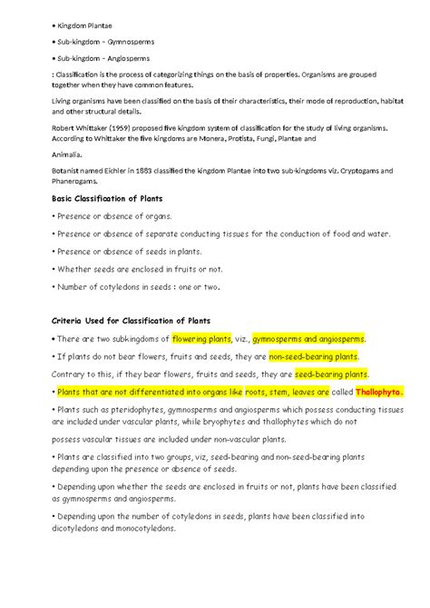 Kingdom Plantae: Gymnosperms & Angiosperms Classification Notes - Studocu