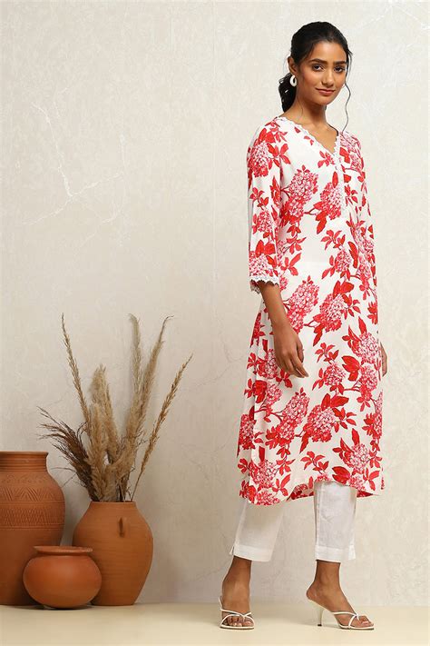 Red and White Floral Printed Straight Kurta at Biba India