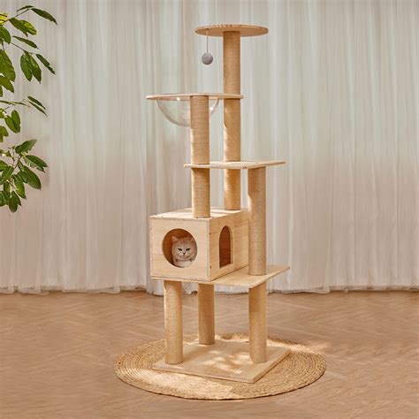USED Lazyworm Modern Multi-Level Large Real Solid Wood Cat Tree, Luxury ...