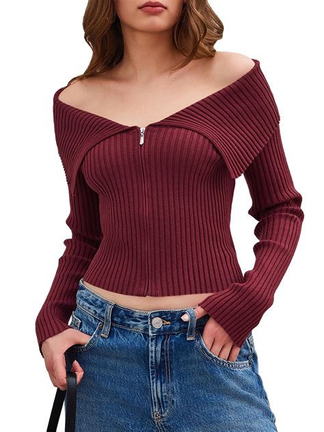 Saodimallsu Womens Cropped Cardigan Off Shoulder Zip Up Fitted Sweater ...