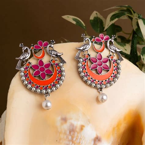 Silver Plated Peacock Design Chandbali Floral Enamel Artwork Pearl Fas ...
