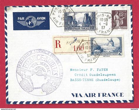 Poste aérienne - !!! LETTRE RECOMMANDÉE PAR AVION DE PARIS POUR BASSE-TERRE, GUADELOUPE DE 1937 ...