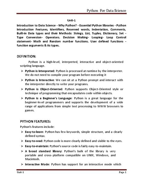 Unit 1: Python for Data Science - Key Concepts and Features - Studocu