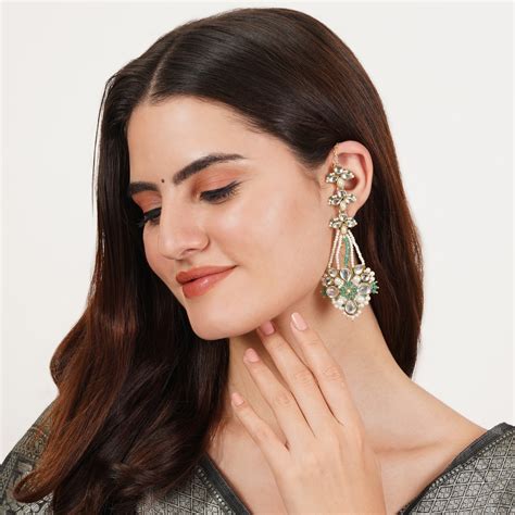 Gold Tone Green Beads Kundan Kanauti Earrings