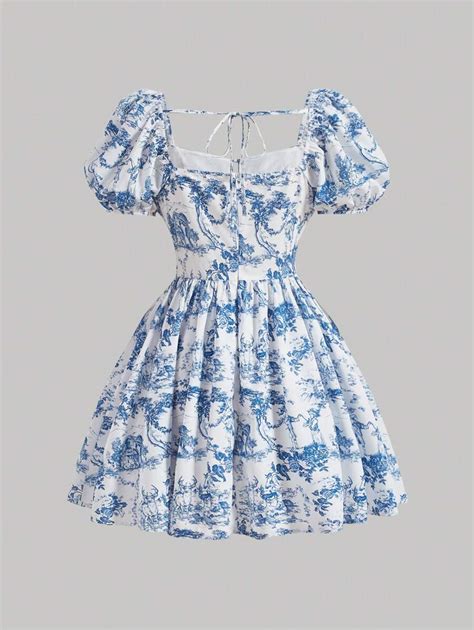 SHEIN MOD Figure and Plants Print Puff Sleeve Tie Back Dress | SHEIN USA