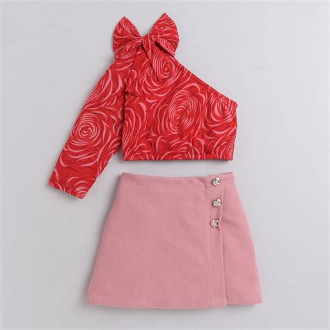 Shop Floral Printed One Shoulder Crop Top And Short Skirt Set - Red ...