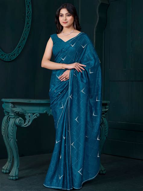 Buy Fascinating Teal Blue Crepe Silk PartyWear Saree From ZeelClothing