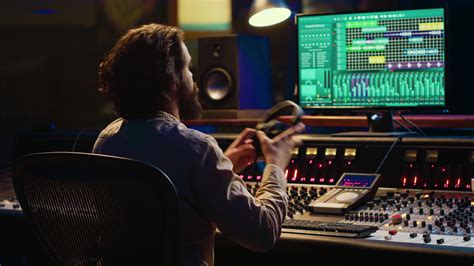 Sound designer working on track recording with audio professional software, operating technical ...