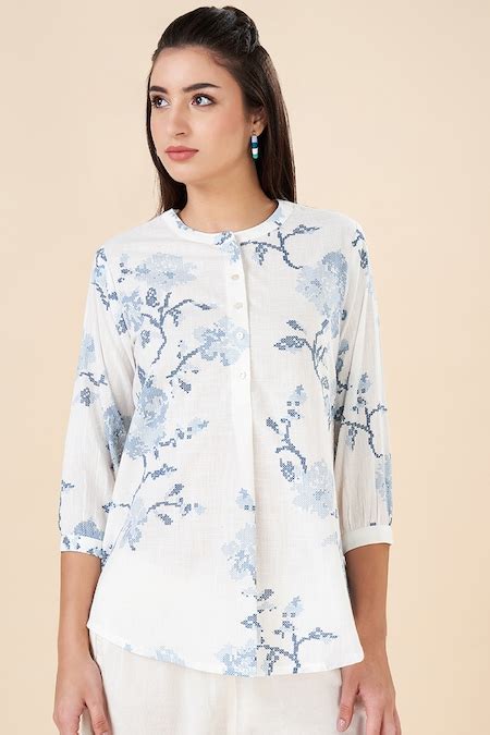 Light Blue Printed Cotton Mandarin Collar Women Regular Fit Tunics ...