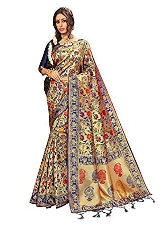 Buy GoSriKi Women's Navy Blue Color Banarasi Art Silk Saree With Blouse ...
