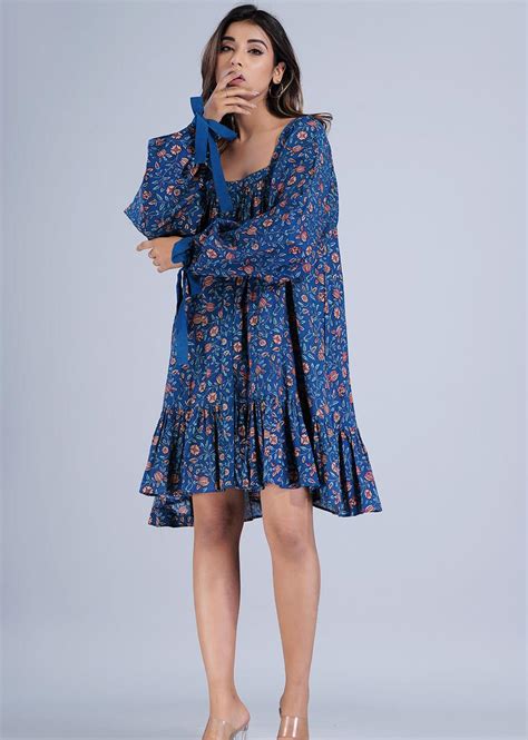 Blue Printed Loose Fit Gathered Dress with Tied Sleeves for women