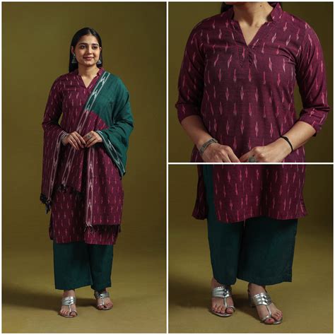 Purple Handloom Cotton Embroidered Pochampally Ikat 3pc Kurta Set for women