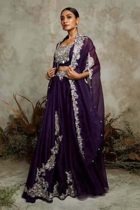 Buy Purple Silk Sequins, Pearls, Zari Round Neck Zardozi Embroidered ...