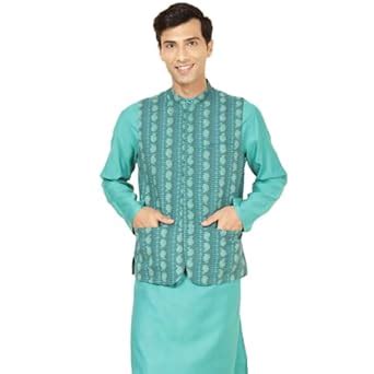Buy Fabindia Men's Teal Cotton Printed Slim Fit Jacket Nehru ...