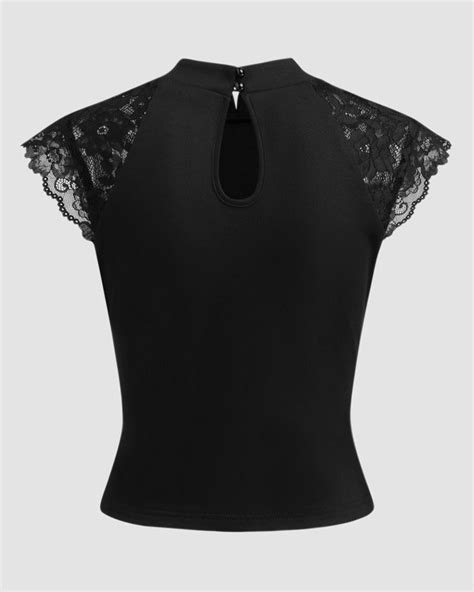 Black Floral Lace Collar Short Sleeve Top - Littlebox India